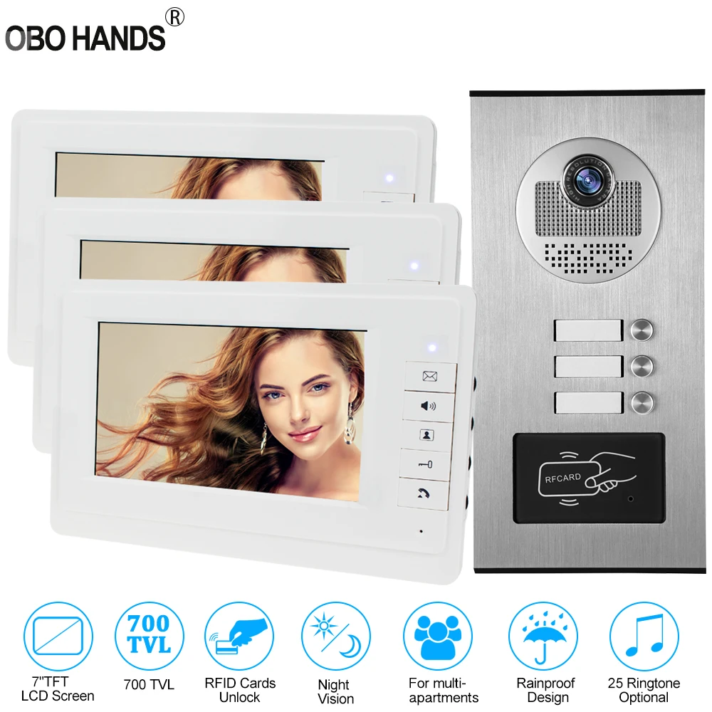 Upgraded 7'' Wired Video Door Phone Intercom System RFID Access Entry Camera Door Bell 2 Monitors Multi- Apartments/Family/Home