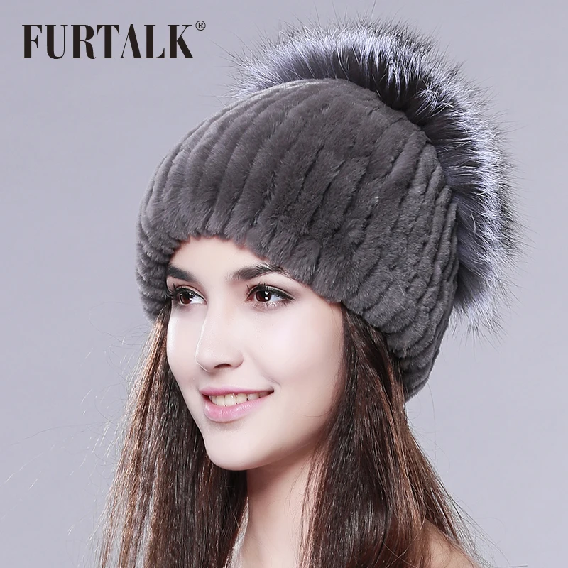 Зимние шапочки hat для женщин трикотажные рекс кролика с щепка лисий мех топ