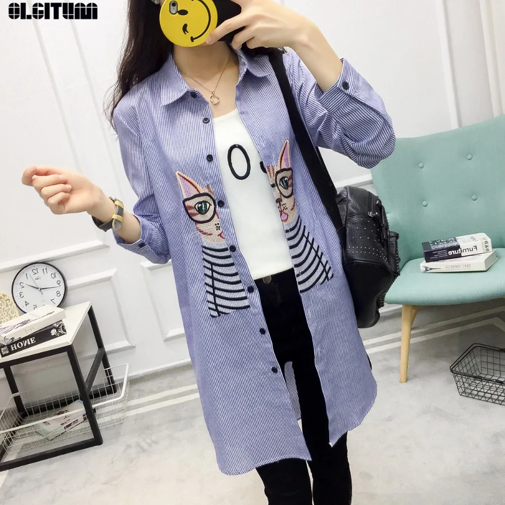 

Women Long-Sleeve Blouses 2020 New Fashion Casual Embroidery Cat Shirts Cotton Long roupa feminina Women Top and Blouses BS341