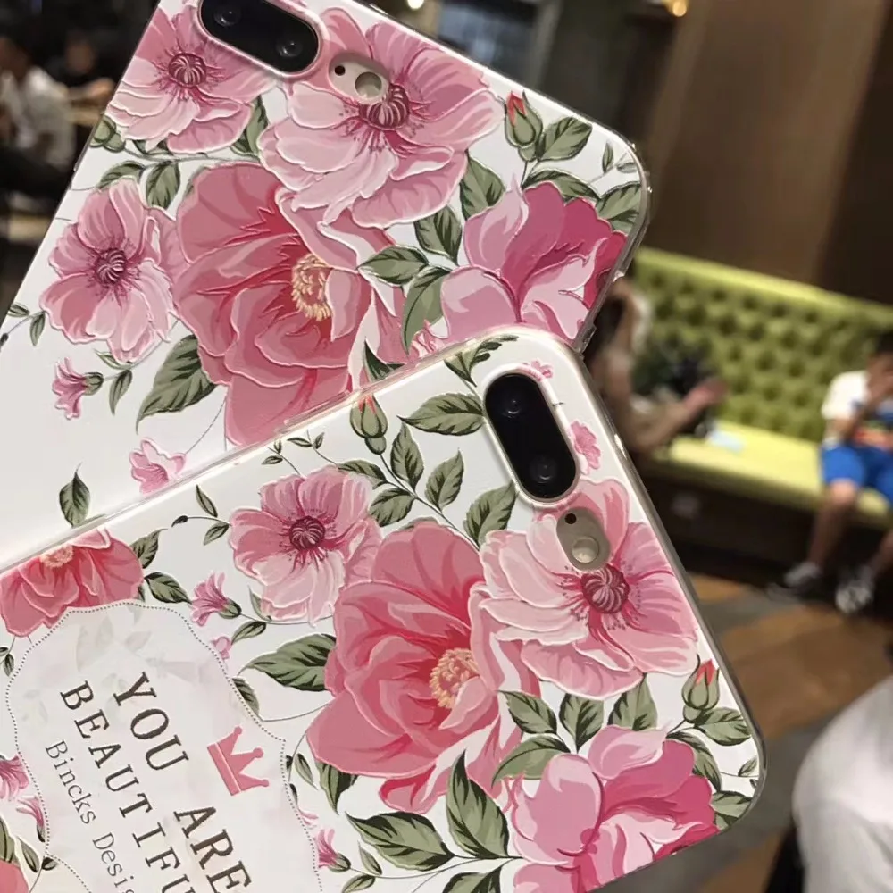 Free shipping fashion Pink FLOWER bird Luxurious Relief Phone Back Cover Casefor iPhone 6 Case For Apple iphone 6S 7 Plus 6SPlus |