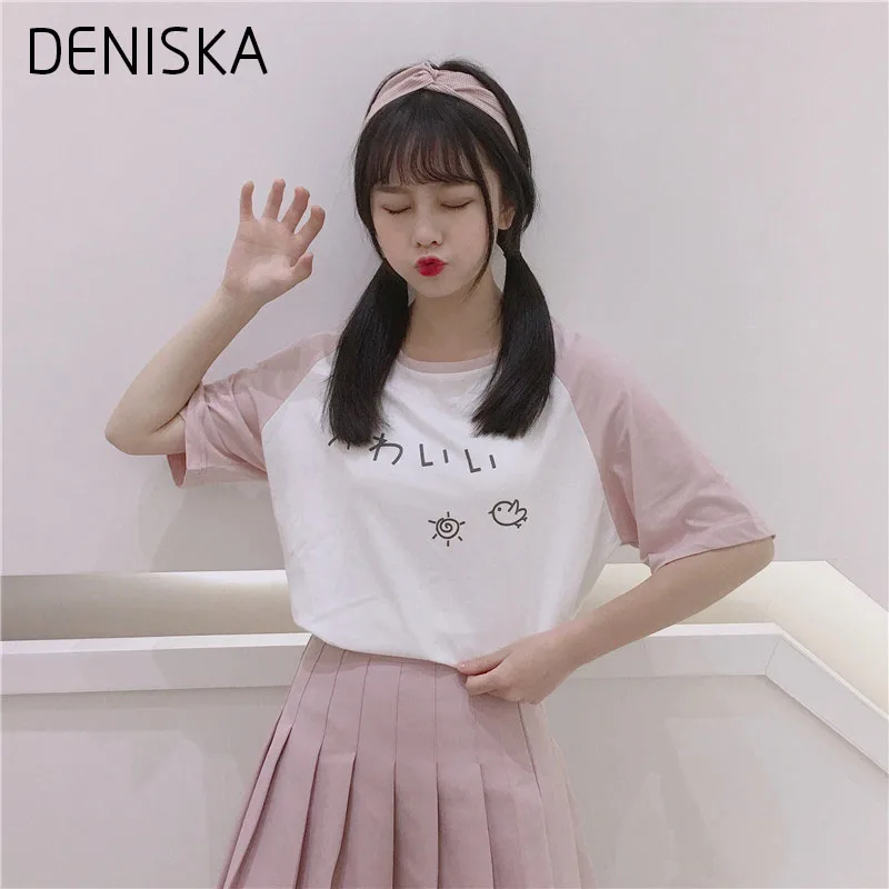Дениска японский Harajuku милые футболка с буквенным принтом Для женщин 2018 летние