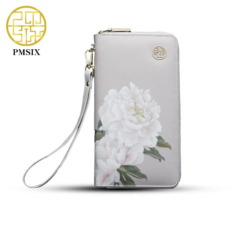 Lotus color Pmsix цветочный принт китайский стиль крупного рогатого скота спилок Длинный кошелек на молнии с ремешком сумка брендовый дизайн Повседневный Кошелек 420042 - Цвет: Lotus color