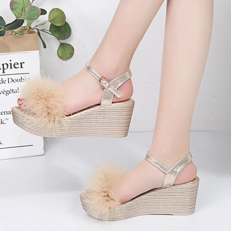 Хлопковые Плюшевые сандалии Для женщин 2019 клин Летние женские туфли платформа