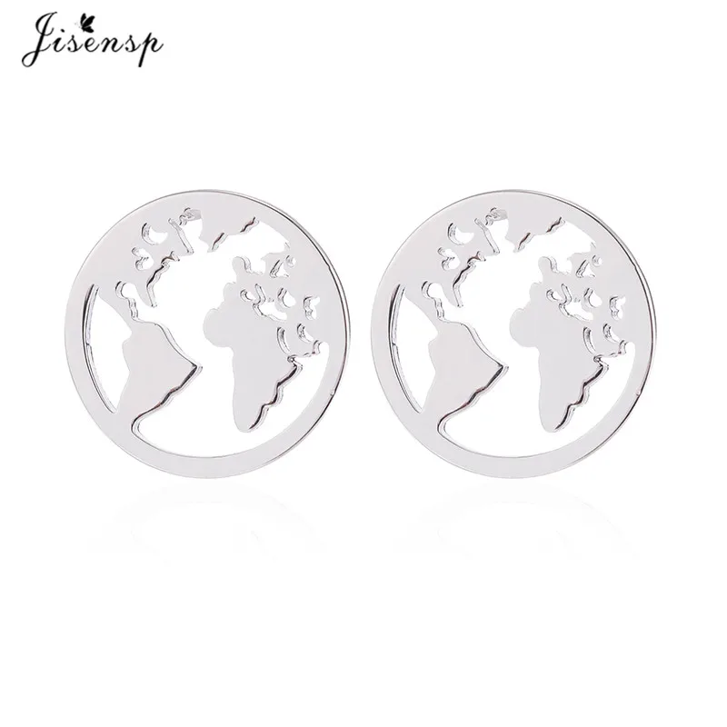 silver earrings Jisensp, серьги-гвоздики из нержавеющей стали, Карта мира, для женщин, подарок для путешествий, винтажный глобетроттер, земля, ручная работа, ювелирные изделия oorbellen - Окраска металла: silver earrings