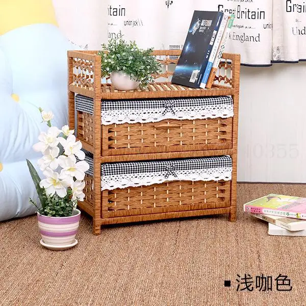 Two-layer white rattan storage cabinet drawer-style pastoral modern minimalist wooden bedroom bedside table - Цвет: VIP 3