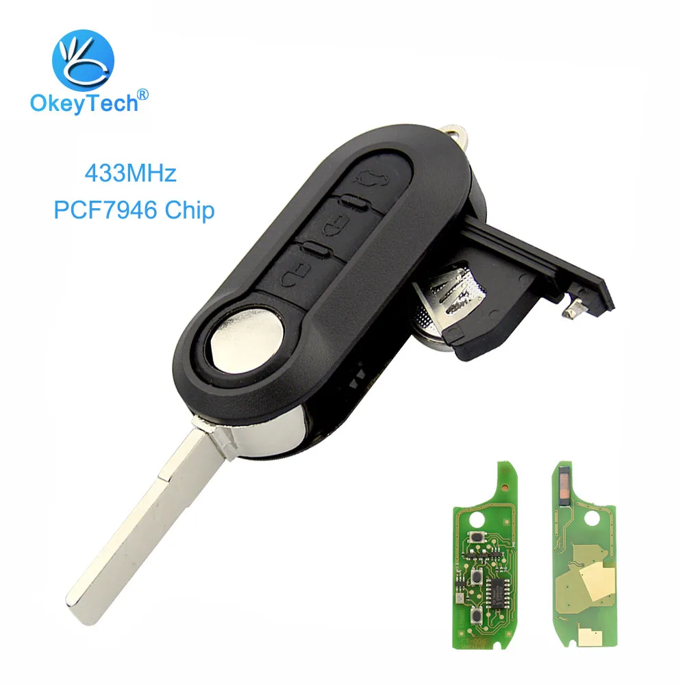 

OkeyTech for Fiat Remote Key 3 Button Flip Folding Car Key 433mhz PCF7946 Chip Uncut SIP22 Blade For Fiat 500 Grande Punto Bravo