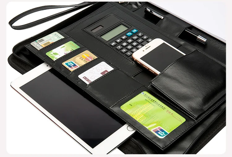 A4 высокое качество из искусственной кожи Padfolio Бизнес Документ сумка менеджера Портфолио файл сумка с паролем калькулятор на молнии клип