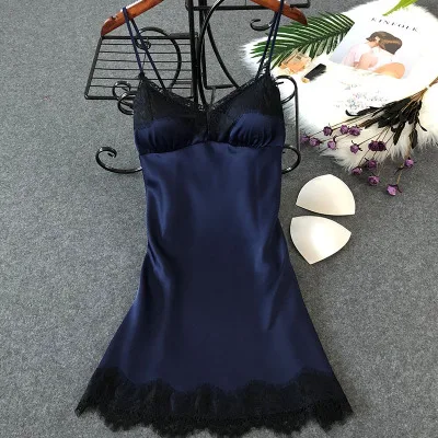 lace navy blue Herislim женское сексуальное белье, шелковая ночная рубашка, летнее платье, кружевное Ночное платье, ночная рубашка, ночная сорочка, атласная Домашняя одежда, нагрудные накладки - Цвет: lace navy blue