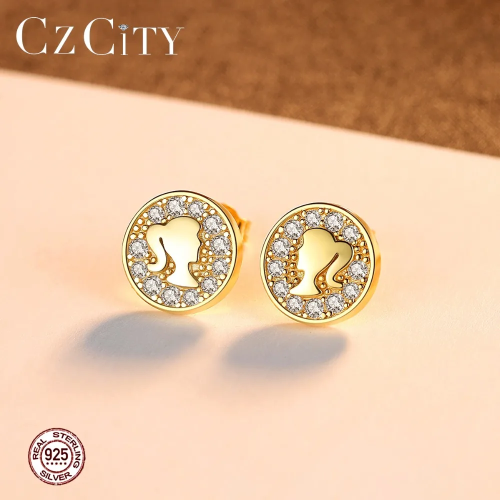 CZCITY реальные 925 стерлингового серебра молодая девушка круглые серьги со шпилькой