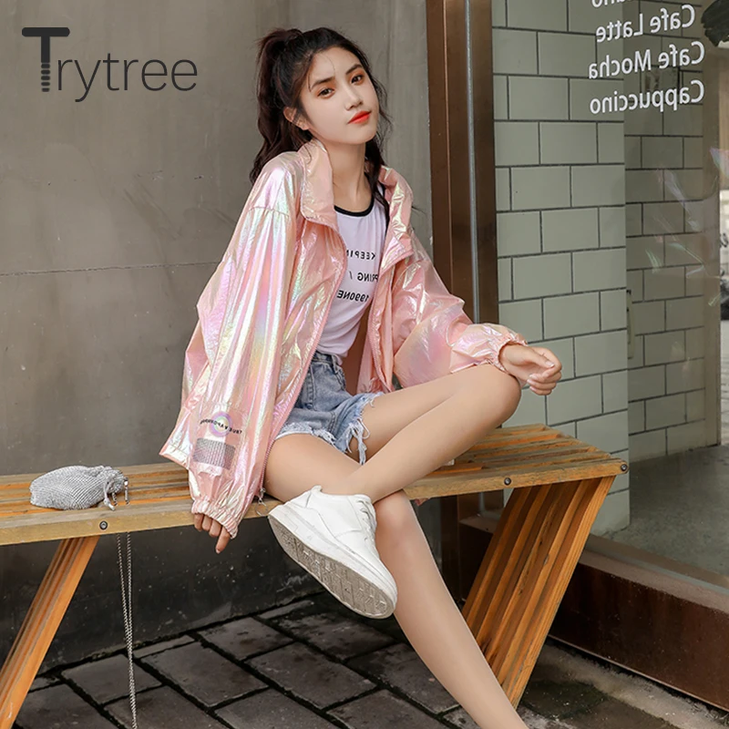 Trytree летняя осенняя куртка повседневная на молнии Женская Блестящая полиэфирная