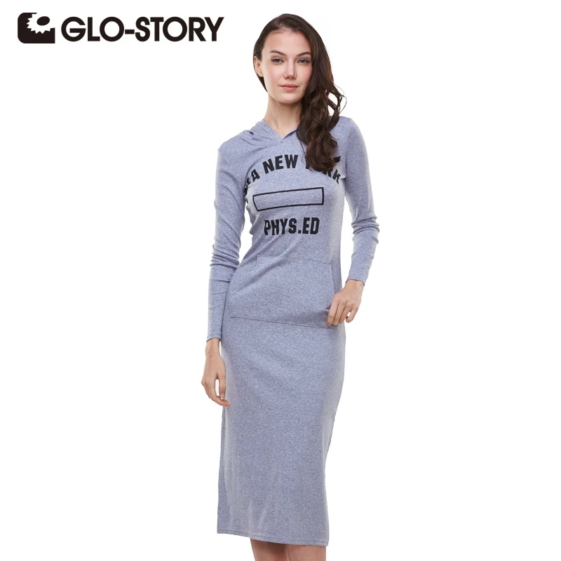 Женское платье с капюшоном Повседневное 2018 длинным рукавом и буквенным принтом