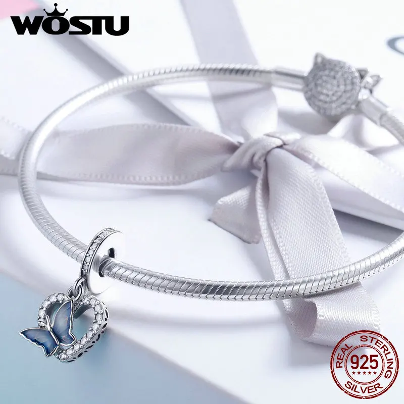 WOSTU, Настоящее серебро 925 пробы, бабочка в сердце, романтические амулеты, подходит для браслета, ожерелья, блестящие бусины, изготовление ювелирных изделий CQC818