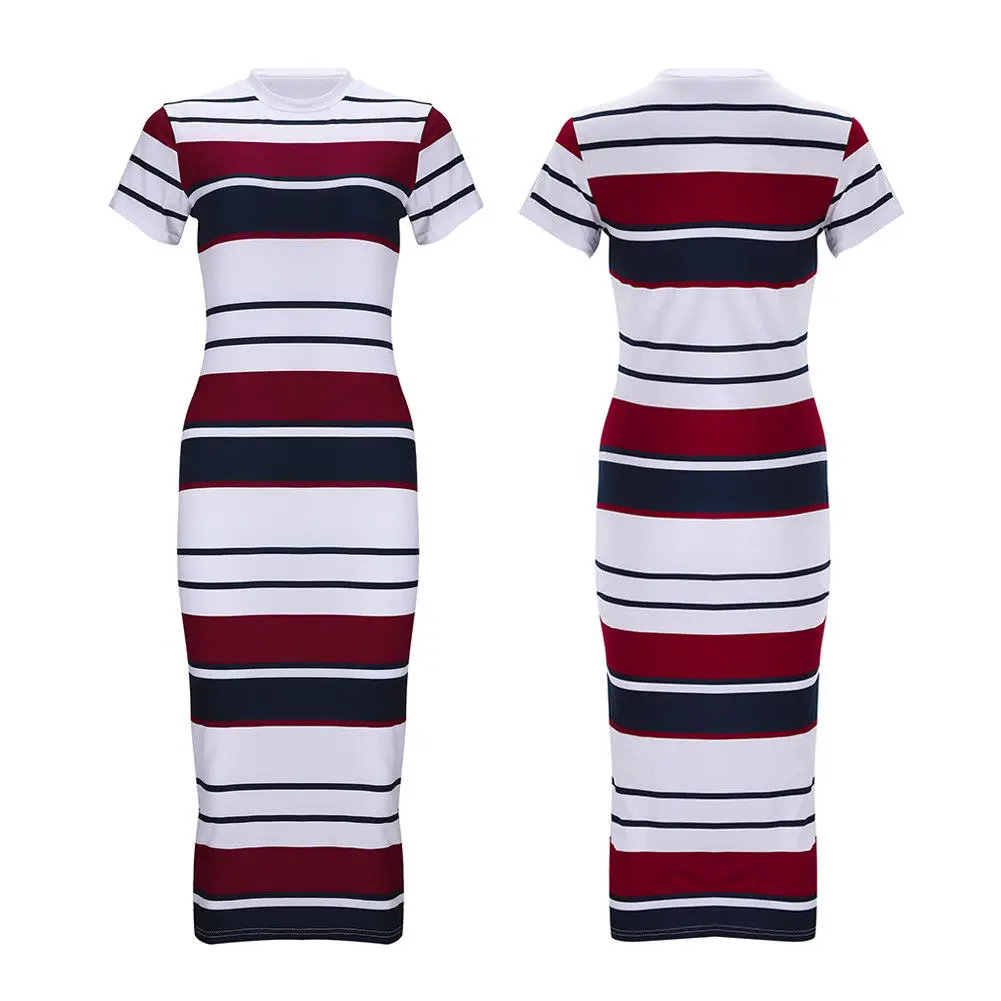 Модные женские облегающие полосатые с коротким рукавом летние дамы миди платье