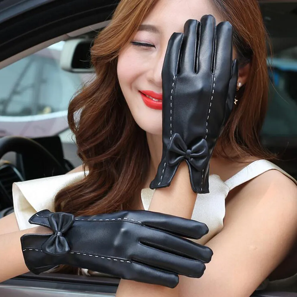 Женские кожаные перчатки guantes осенне зимние теплые бархатные рукавички с бантом