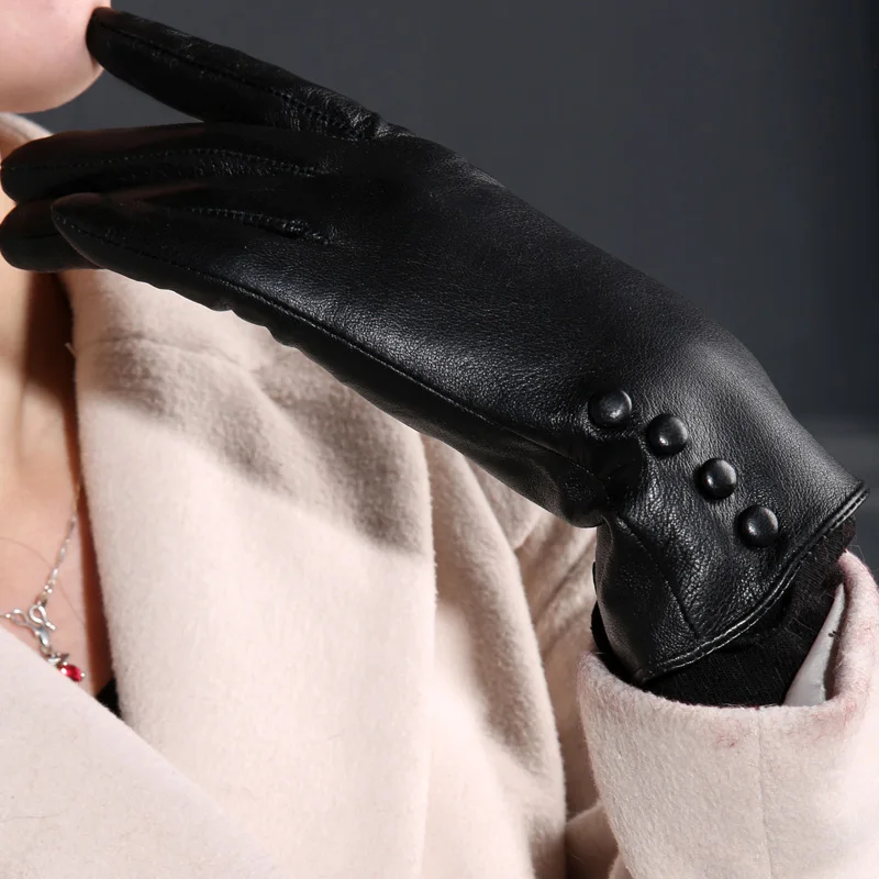 Four buttons black Женские кожаные перчатки из овчины для женщин женские черные перчатки из натуральной кожи модные перчатки женские варежки - Цвет: Four buttons black