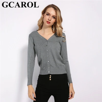 Grey GCAROL женский кардиган из 30% шерсти с v-образным вырезом Осень-зима минималистичный OL короткий вязаный жакет элегантный стретч-трикотаж S-2XL - Цвет: Grey