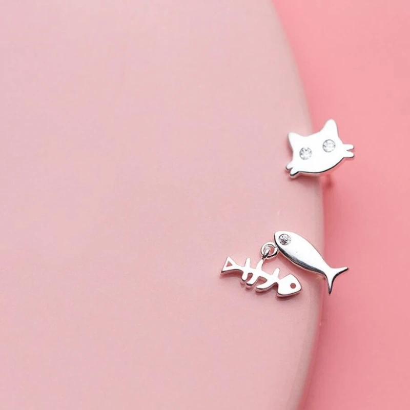 Sole Memory Cute Asymmetrical Fresh Literary Cat Fish Bone Sweet 925 Sterling Silver Fashion Female Stud Earrings SEA454 | Украшения и
