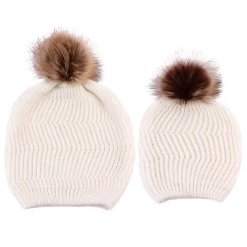 New Winter Mother Baby Knit Wool Warm Hat Soft Cotton Turban Knot Pom Bobble Kid Girl Boys Family Beanie Cap | Детская одежда и