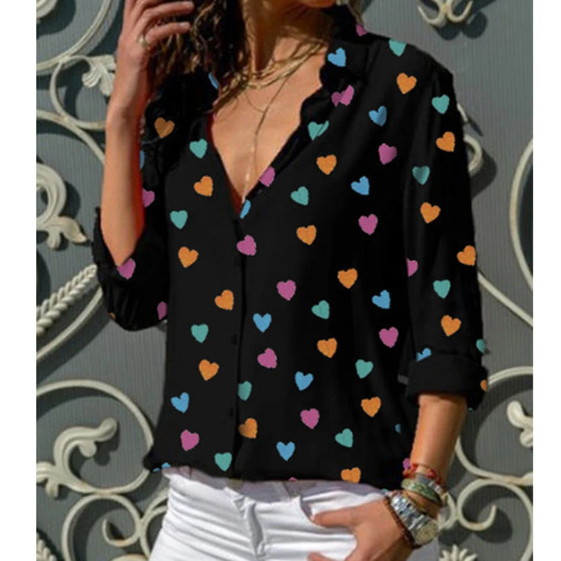 Женские топы Blusa новинка с принтом сердца v образный вырез женские рубашки весна