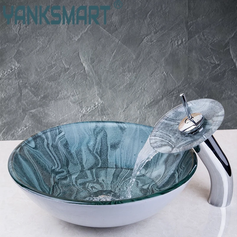 Ванная раковина умывальника из закаленного стекла сосуд Раковина чаша кран с