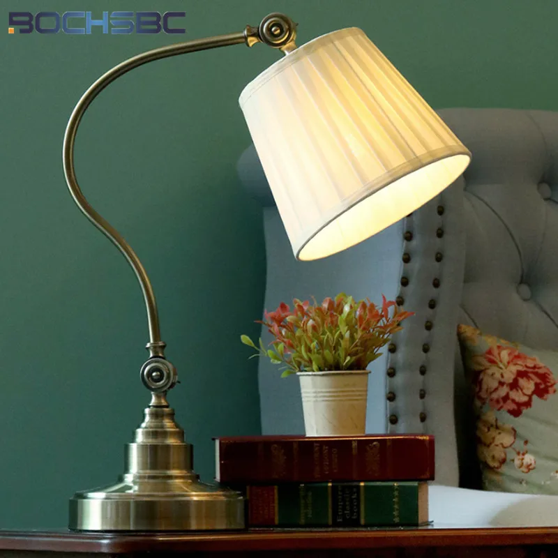 

BOCHSBC Vintage Retro Fishing Table Lamp Fabric Lampshade Iron Desk Light Stand Lamps for Bedside Bedroom Dining Living Room
