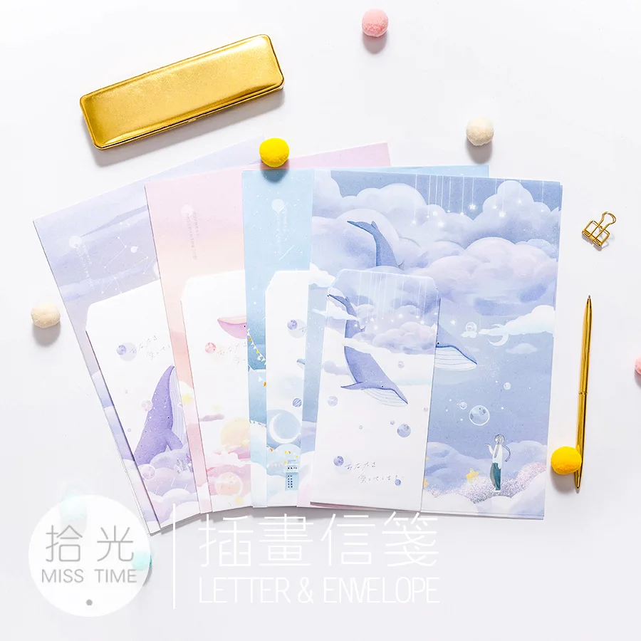 

9 шт./компл., 3 конверта + 6 листов, бумага с надписью, серия «Вселенная и Кит», конверт для подарка, корейские Канцтовары