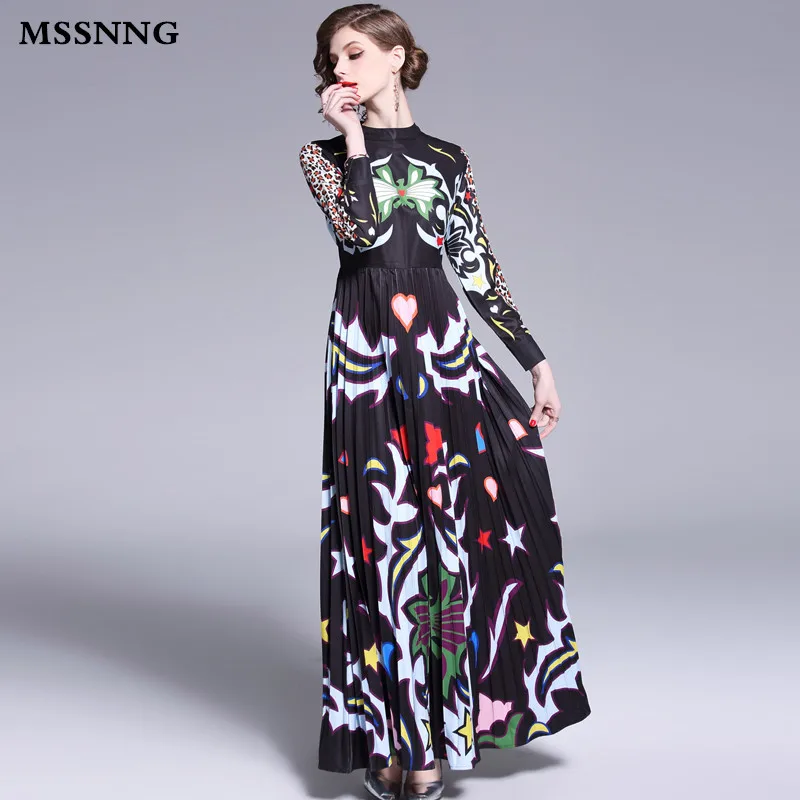 MSSNNG 2019 Spring Print Stand Collar Floor Length Long Dress Women Full Sleeve Leopard Dresses High Waist Pleated Vestidos | Женская