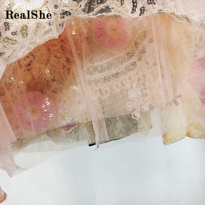 RealShe для женщин вышивка сетки Футболка Дамская мода О образным вырезом с длинным рукавом Цветочный бисер блёстки топы для женщин топ футболки