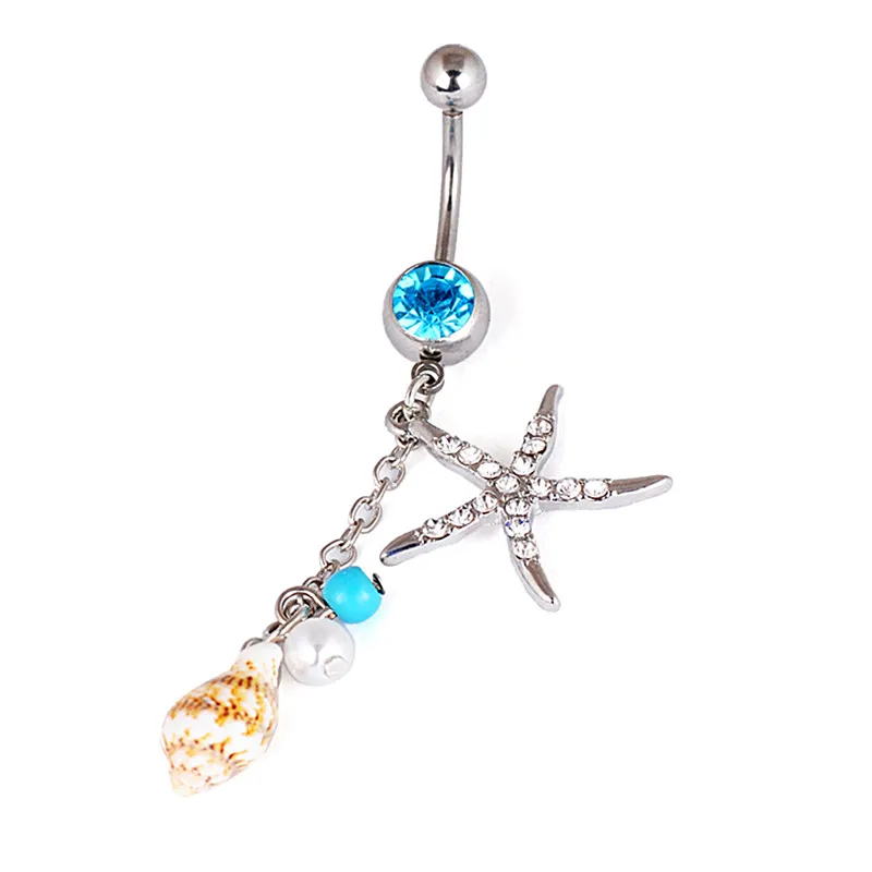 Кольцо с кристаллами в виде морской звезды и раковины-подвеска для пупки