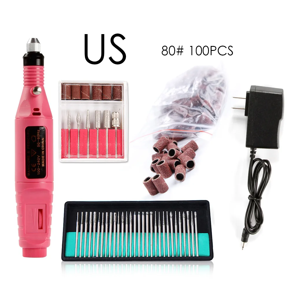 pink US 80 Электрический аппарат для маникюра, 30 шт., фрезы, сверла, набор шлифовальных лент, набор сверл для ногтей, гель для удаления кутикулы, набор - Цвет: pink US 80