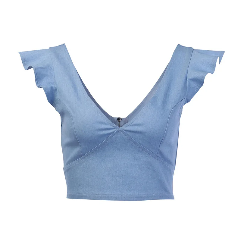 Сексуальные летние блузки с рюшами женские топы v образным вырезом и синяя