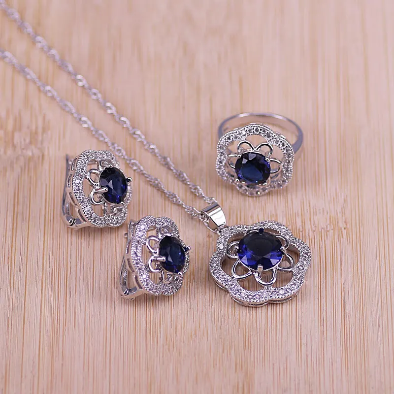 Свадебные ювелирные наборы из стерлингового серебра 925 пробы, серьги с голубым цирконием для женщин, свадебные ювелирные изделия с кольцом, ожерелье, набор