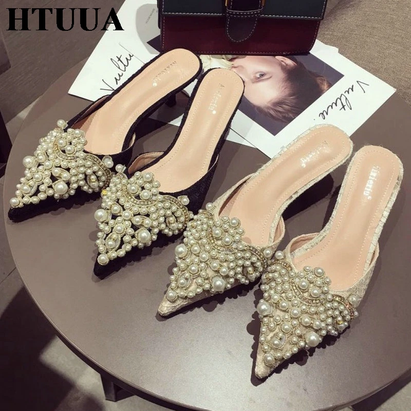 HTUUA/Роскошные шлепанцы; женские дизайнерские шлепанцы; женские брендовые туфли без задника; женские модельные туфли с острым носком на каблуке; шлепанцы с жемчугом; SX2439