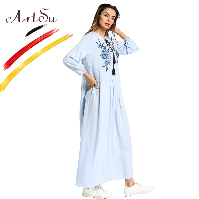 ArtSu PlusSize женское платье 2018 Ретро этнический цветок вышивка повседневное длинное