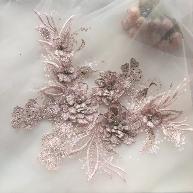 light pink Красные и золотые 3D кружева аппликация со стразами 3d Синий Шелковый цветок мотив кружева аппликация тяжелые бисерные Кружева с аппликацией 10 цветов - Цвет: light pink