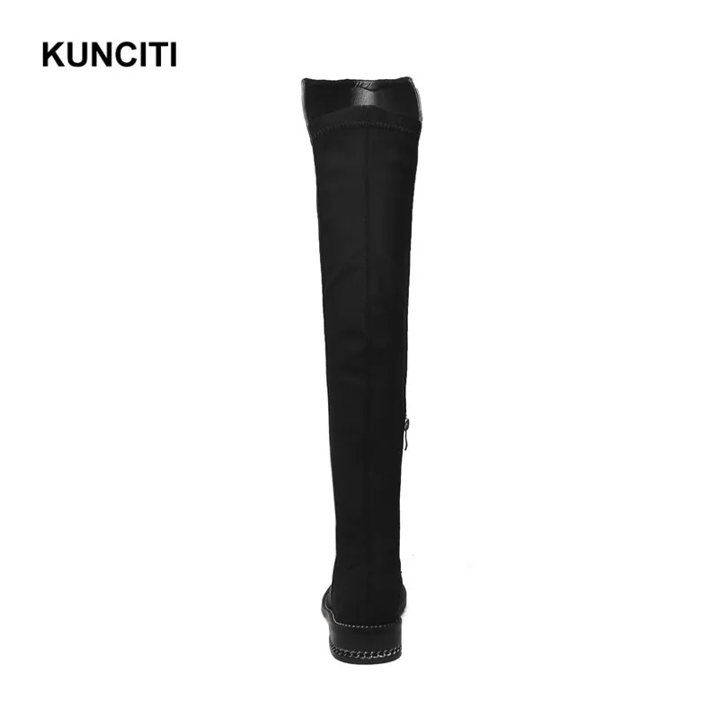 KUNCITI/; Черные Сапоги выше колена; короткая плюшевая женская зимняя обувь из натуральной кожи; модные эластичные тканевые ботиночки с цепочкой; B02