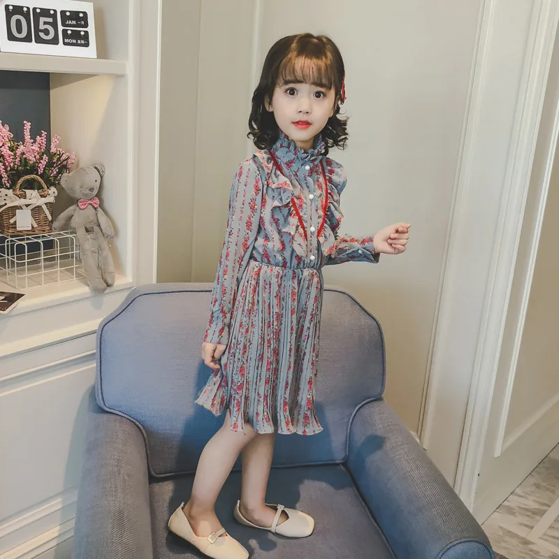 2019 new spring 3 - 12 yrs little girls loose chiffon dress winter long sleeve dresses print floral party frocks for baby | Детская