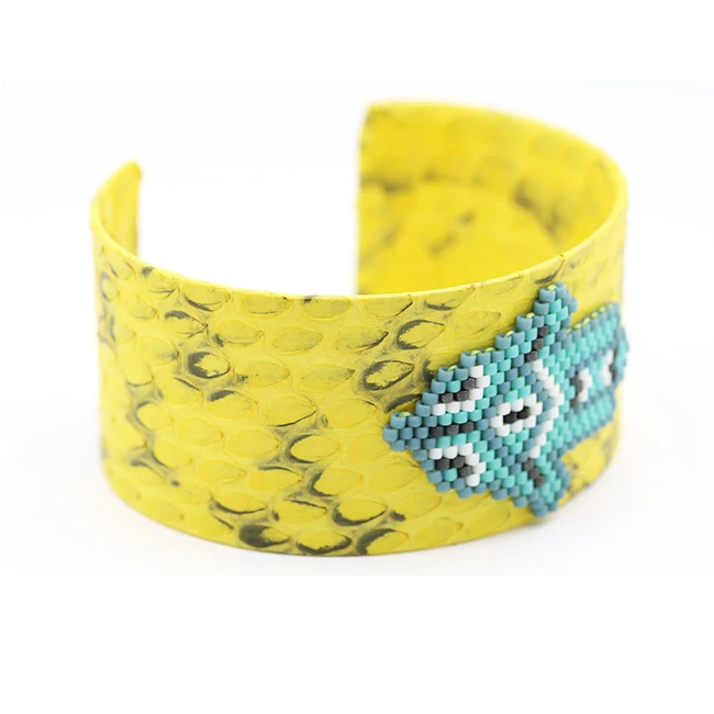 SKYDANCE Trendy 3cm Genuine Python Snake Skin Leather adjustable Bangle for Women colorful Beads Hamsa Hand Open Type C Bangles | Украшения