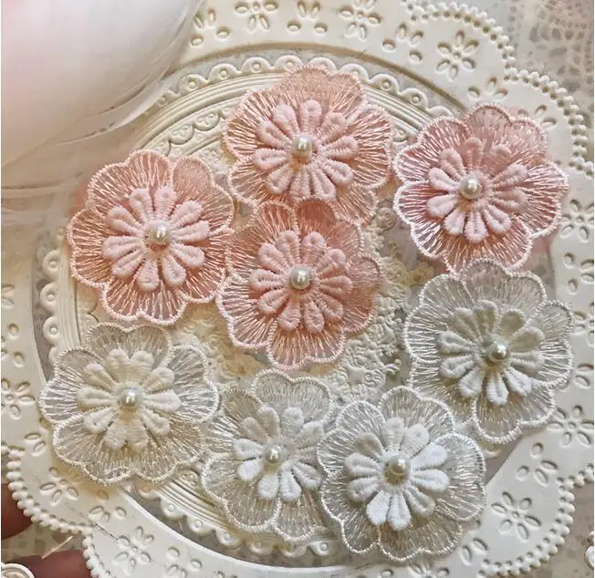 20pcs/lot 4.5cm 1.77&quot width ivory/pink beads flower embroidery lace appliques patch D21Z286X0406T | Дом и сад