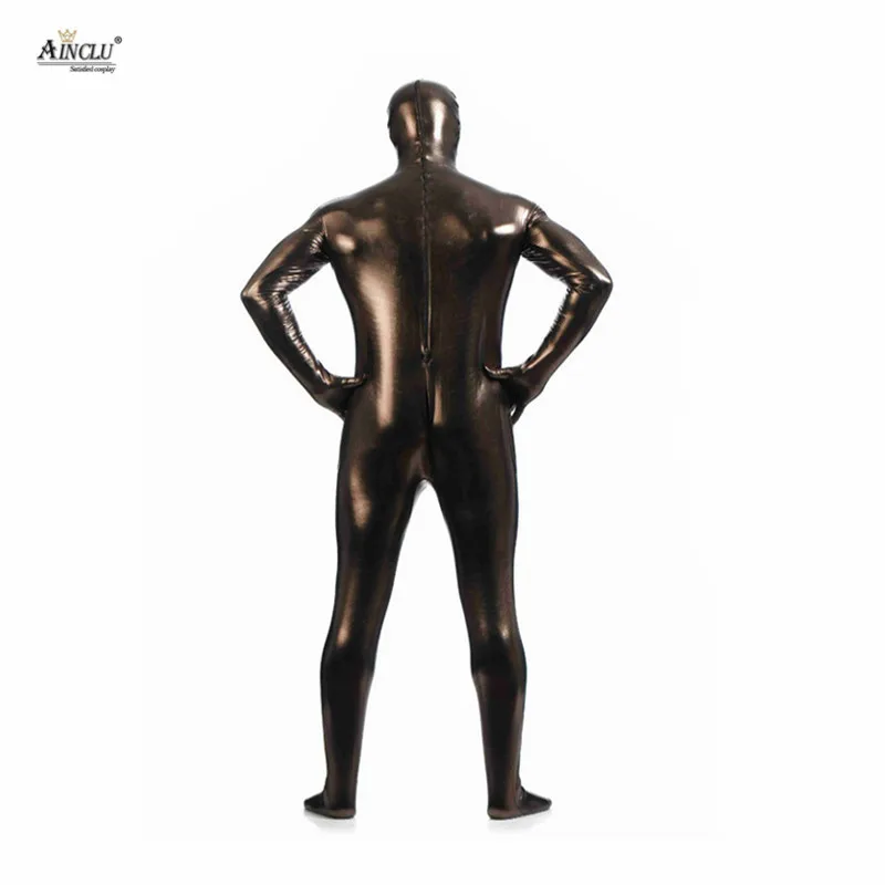 Ainclu цельнокроеный коричневый клей металлик Zentai для хеллоуина Блестящий спандекс