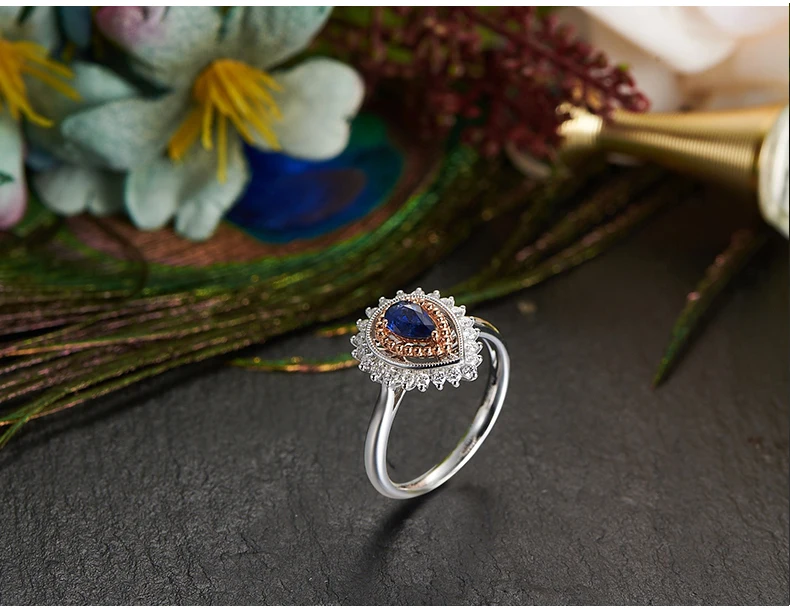 JEWELLWANG Роскошный натуральный голубой сапфир 18 К кольцо из белого золота кольцо с настоящим алмазом для Для женщин белого золота с камнями-каплями воды Кольца с сапфиром