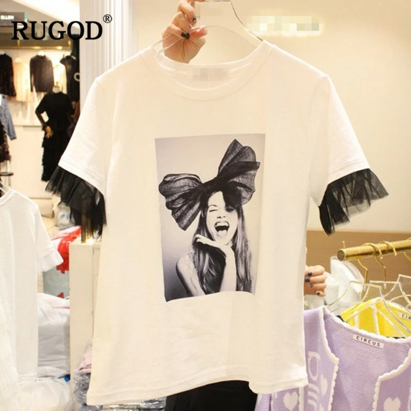 

Женская футболка в стиле пэчворк RUGOD, Повседневная белая свободная хлопковая Футболка с круглым вырезом и бантиком, с короткими рукавами