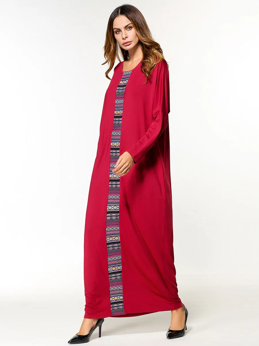 Muslim Abaya Red Cotton Embroidery Maxi Long Dress Dolman Sleeved Patchwork Kimono Jubah Robe Arab Islamic Clothing Full Length |