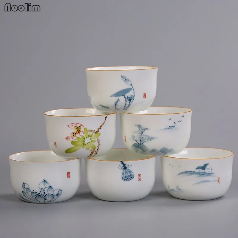 NOOLIM Ceramic Kung Fu Master Tea Cups White Porcelain Hand Painted Lotus Chinese Household Teacups Office Drinkware | Дом и сад
