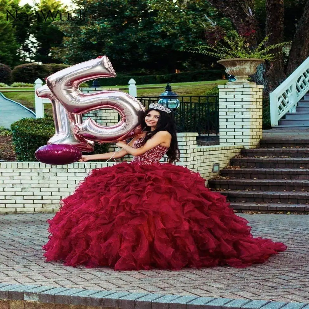 Новые дешевые хрустальные бусины бордовые платья Quinceanera 2019 Бал маскарад оборками
