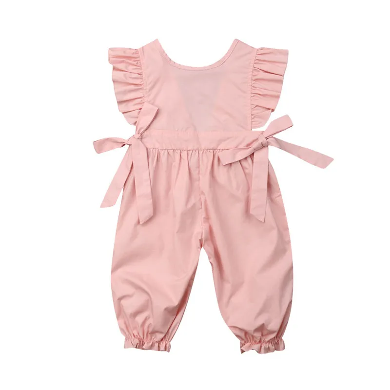 Summer Ruffle Sleeveless O-Neck Solid Pink Cotton Bow Outfits Clothes Costume Clothing Newborn Infant Kid Baby Girls Romper | Детская
