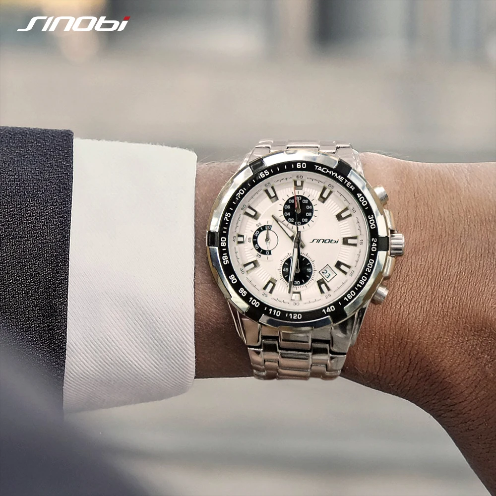 

Sinobi Business Watch Men Top Luxury Chronograph Date Calendar Waterproof Stainless Steel Band Leisure Watches With Gift Box