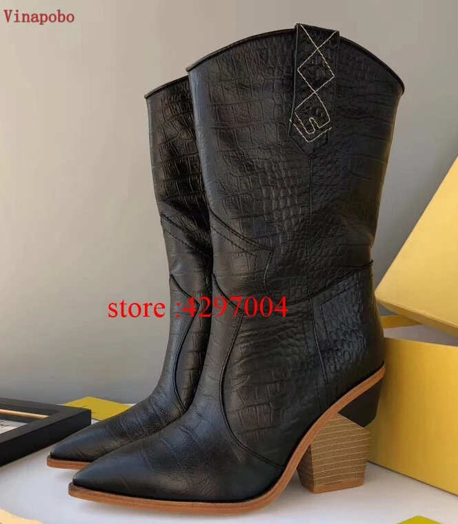 Spring New Cowboy Boots For Women Pointed Toe ankle Boots snake pattern Mid-calf Women Boots Chunky Wedges Boots Runway