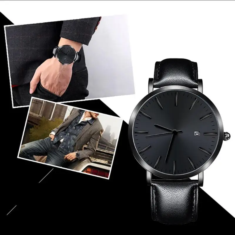 Простые мужские часы с ремешком из искусственной кожи от ведущего бренда