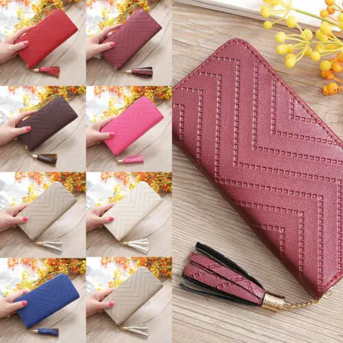 Новый Модный женский ПУ клатч кошелек однотонный Длинный с кисточками и